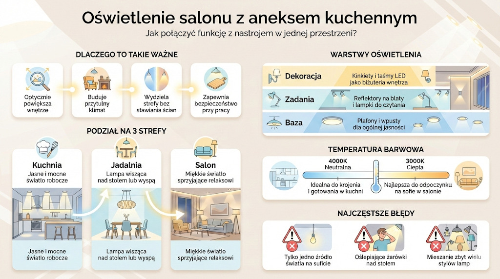 Oświetlenie salonu z aneksem kuchennym