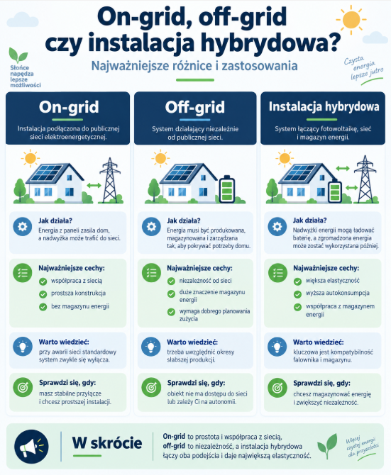 On grid, off grid czy instalacja hybrydowa? Najważniejsze różnice i zastosowania