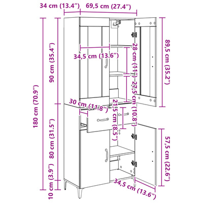 Highboard Czarny Dąb 69,5 x 34 x 180 cm Drewno inżynieryjne