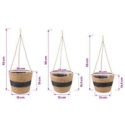 Kosze na rośliny z trawy morskiej 3 pcs Naturalny i czarny