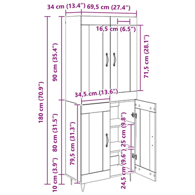 Highboard Czarny Dąb 69,5 x 34 x 90 cm Drewno inżynieryjne