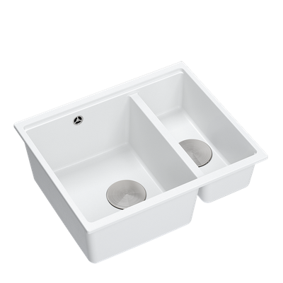 QUADRON | LOGAN 150 | granitowy zlewozmywak kuchenny BIAŁY + STAL | wymiary: 56 x 46 x 22 cm | 1,5-komorowy podwieszany| podbudowa szafki od: 60 cm