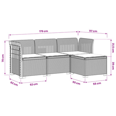 Sofa ogrodowa dla 4 osób z poduszkami w stylu rattanowym PP