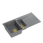 EVAN 156 GraniteQ zlewozmywak z syfonem Push To Open 1,5-komorowy z/o (1000x500x210; kom. 420x480) silver stone / elementy złote