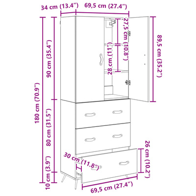 Highboard Czarny Dąb 69,5 x 34 x 180 cm Drewno inżynieryjne