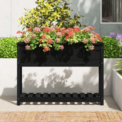 vidaXL Donica z półką, czarna, 111,5x34,5x81 cm, lite drewno sosnowe