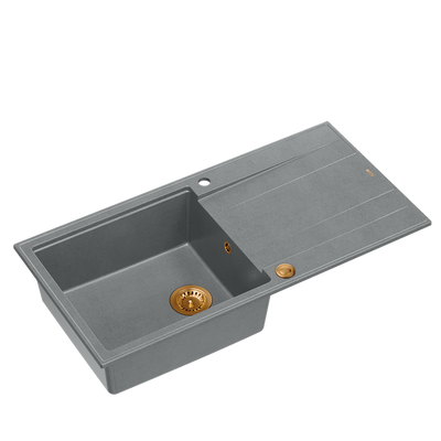 EVAN 146 XL GraniteQ zlewozmywak z syfonem Push 2 Open 1-komorowy z/o (1000x500x210; kom. 420x480) silver stone / elementy miedziane
