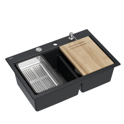 Zlewozmywak granitowy MARC 120 WORKSTATION – dwukomorowy, wpuszczany, pure carbon/elementy stalowe + AKCESORIA, Quadron
