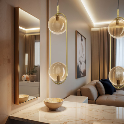 Lampa wisząca CORDEL vintage - złoty mosiądz z bursztynowymi kloszami kulkami - eleganckie oświetlenie salonu 2x G9 LED