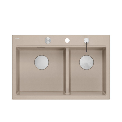 Zlewozmywak granitowy MARC 120 WORKSTATION – dwukomorowy, wpuszczany, pearl beige/elementy stalowe + AKCESORIA, Quadron