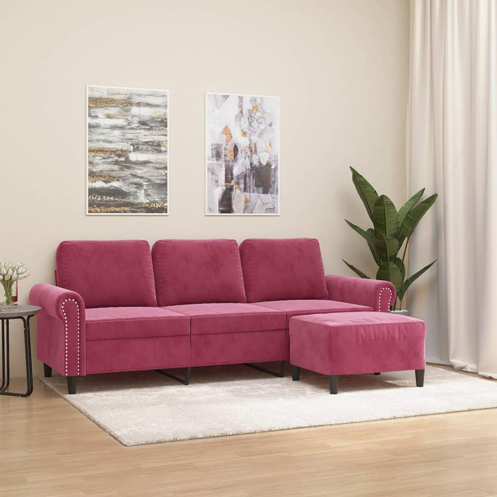 3-osobowa sofa z podnóżkiem winna czerwień 180 cm, aksamit