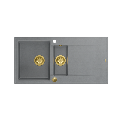 EVAN 156 GraniteQ zlewozmywak z syfonem Push To Open 1,5-komorowy z/o (1000x500x210; kom. 420x480) silver stone / elementy złote