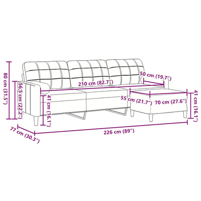 3-osobowa sofa z podnóżkiem, żółta, 210 cm, obita aksamitem