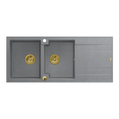 EVAN 121 GraniteQ zlewozmywak z syfonem Push To Open 2-komorowy z/o (1160x500x210; kom. 420x340) silver stone / elementy złote