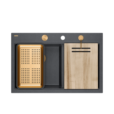 Zlewozmywak granitowy MARC 120 WORKSTATION – dwukomorowy, wpuszczany, black diamond/elementy miedziane + AKCESORIA, Quadron