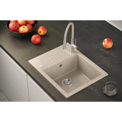 Zlewozmywak granitowy PETER 116 – jednokomorowy, wpuszczany, pearl beige/elementy stalowe, Quadron