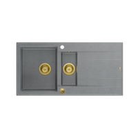 EVAN 156 GraniteQ zlewozmywak z syfonem Push To Open 1,5-komorowy z/o (1000x500x210; kom. 420x480) silver stone / elementy złote
