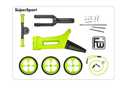 FWRider Super Sport 515760 Kolor: Lime / Limonkowy z zielonymi felgami Rowerek biegowy Jeździk 2w1 Ciche koła + Pasek do noszenia dla Rodzica