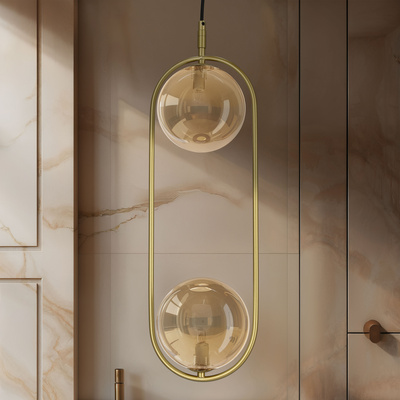 Lampa wisząca CORDEL vintage - złoty mosiądz z bursztynowymi kloszami kulkami - eleganckie oświetlenie salonu 2x G9 LED