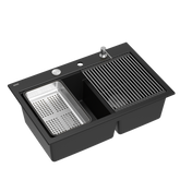 Zlewozmywak granitowy MARC 120 WORKSTATION – dwukomorowy, wpuszczany, pure carbon/elementy stalowe + AKCESORIA, Quadron