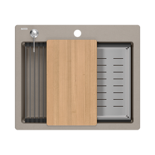 Quadron | KURT 110 | kuchenny zlewozmywak granitowy SOFT TAUPE | wymiary: 59,5 x 50 x 21,5 cm | akcesoria: syfon, dozownik, deska, Qmata, wkładka ociekowa | 1-komorowy wpuszczany | podbudowa szafki: od 60 cm