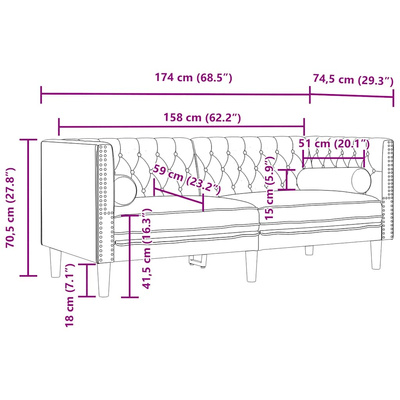 Sofa Chesterfield z wałkami, dwuosobowa, żółta, aksamit
