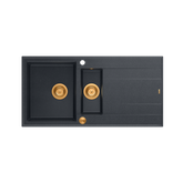 EVAN 156 GraniteQ zlewozmywak z syfonem Push To Open 1,5-komorowy z/o (1000x500x210; kom. 420x480) black diamond / elementy miedziane