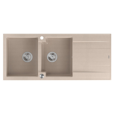 Zlewozmywak granitowy EVAN 121 – dwukomorowy, wpuszczany, pearl beige/elementy stalowe, Quadron
