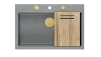 Zlewozmywak granitowy MARC 1-komorowy 76x50 cm szary/silver stone + Nano ZŁOTO PVD