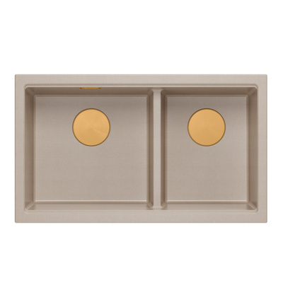 Zlewozmywak granitowy LOGAN 120 – dwukomorowy, podwieszany, pearl beige/elementy miedziane, Quadron