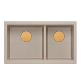 Zlewozmywak granitowy LOGAN 120 – dwukomorowy, wpuszczany, pearl beige/elementy miedziane, Quadron