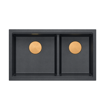 Zlewozmywak granitowy LOGAN 120 – dwukomorowy, podwieszany, black diamond/elementy miedziane, Quadron