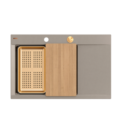 JOSH 111 GraniteQ zlewozmywak 1-komorowy z/o (780x500x215) soft taupe + syfon push 2 open + deska + wkładka/ elementy miedziane
