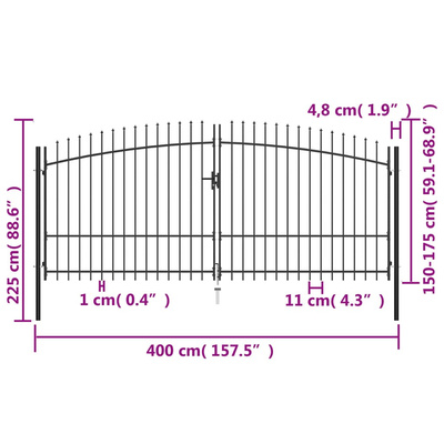 Brama dwuskrzydłowa z grotami, 400 x 225 cm