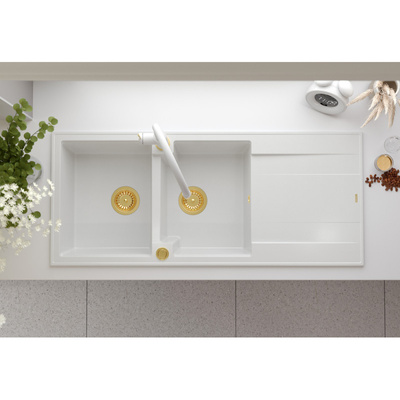Zlewozmywak granitowy EVAN 121 – dwukomorowy, wpuszczany, pearl beige/elementy miedziane, Quadron
