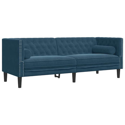 Sofa Chesterfield z wałkami, trzyosobowa, niebieska, aksamit