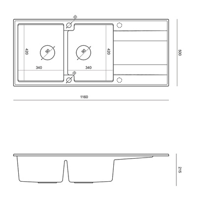 EVAN 121 GraniteQ zlewozmywak z syfonem Push To Open 2-komorowy z/o (1160x500x210; kom. 420x340) snow white / elementy złote