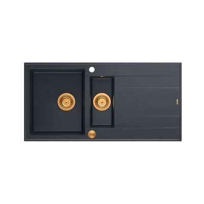 EVAN 156 GraniteQ zlewozmywak z syfonem Push To Open 1,5-komorowy z/o (1000x500x210; kom. 420x480) black diamond / elementy miedziane