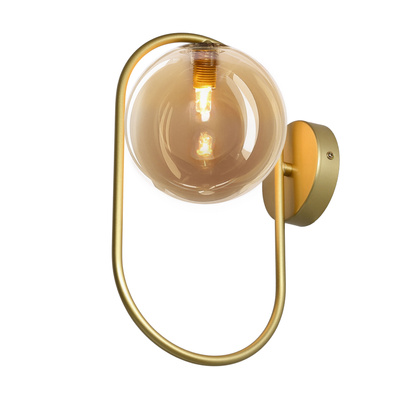 Kinkiet ścienny CORDEL w stylu vintage  – złoty mosiądzowany ring z bursztynowym kloszem kulką - elegancka lampa ścienna G9 LED