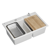 Zlewozmywak granitowy MARC 120 WORKSTATION – dwukomorowy, wpuszczany, snow white/elementy stalowe + AKCESORIA, Quadron