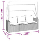 3-os. sofa ogrodowa z daszkiem i podnóżkiem, szara, polirattan