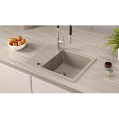 Zlewozmywak granitowy PETER 116 – jednokomorowy, wpuszczany, soft taupe/elementy stalowe, Quadron