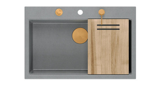 Zlewozmywak granitowy MARC 1-komorowy 76x50 cm szary/silver stone + Nano MIEDŹ PVD