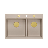 Zlewozmywak granitowy MARC 120 WORKSTATION – dwukomorowy, wpuszczany, pearl beige/elementy złote + AKCESORIA, Quadron