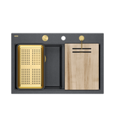 Zlewozmywak granitowy MARC 120 WORKSTATION – dwukomorowy, wpuszczany, black diamond/elementy złote + AKCESORIA, Quadron