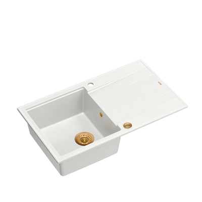 EVAN 111 GraniteQ zlewozmywak z syfonem Push 2 Open 1-komorowy z/o (860x500x210) snow white / elementy miedziane