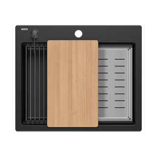 Quadron | KURT 110 | kuchenny zlewozmywak granitowy CZARNY mat | wymiary: 59,5 x 50 x 21,5 cm | akcesoria: syfon, dozownik, deska, Qmata | 1-komorowy wpuszczany | podbudowa szafki: od 60 cm