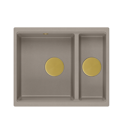QUADRON | LOGAN 150 | granitowy zlewozmywak kuchenny BEŻ + ZŁOTO PVD | wymiary: 56 x 46 x 22 cm | 1,5-komorowy wpuszczany | podbudowa szafki od: 60 cm