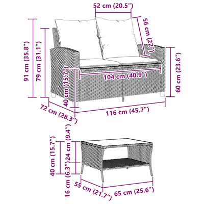 Sofa ogrodowa 2-osobowa z poduszkami i stołem beżowa
