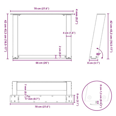 Nogi do stolika kawowego w kształcie litery U 2 szt. Naturalna stal 70x(42-43) cm Stal